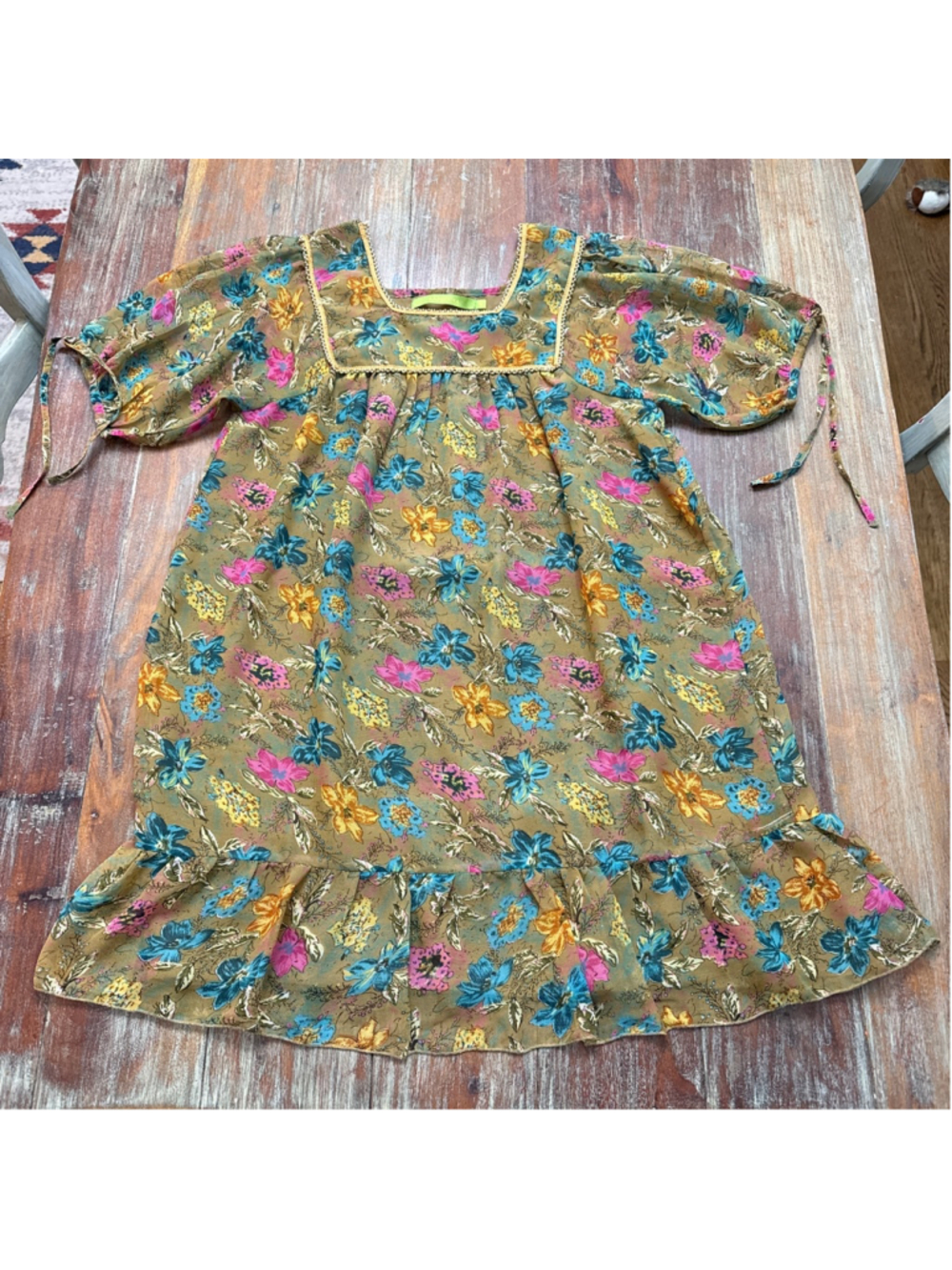 Rapsodia Boho Floral Mini Dress Square Neck Gold Beaded Trim Size S Puff Sleeve